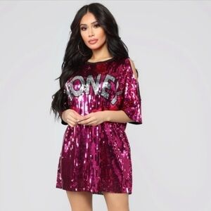 Fashion Nova Pink Sequin Short Sleeve Tshirt Dress